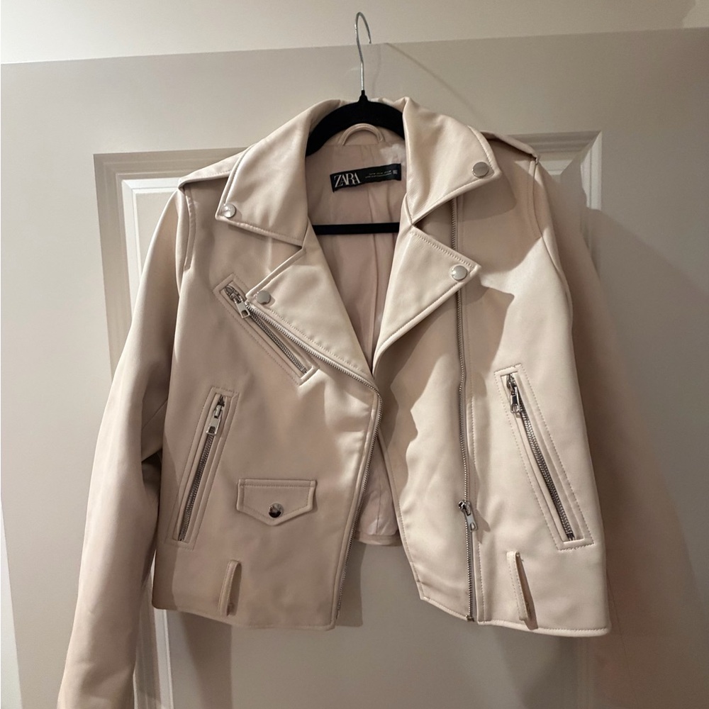Zara Cream Faux Leather Moto Jacket with Silver Hardware